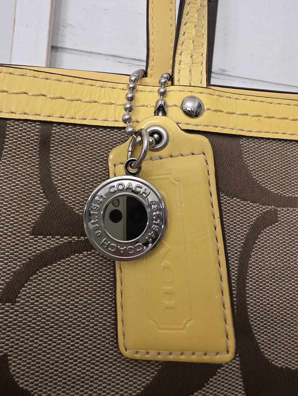 2000s Coach Signature Stripe Zip Top Tote Brown/khaki And Yellow F13548